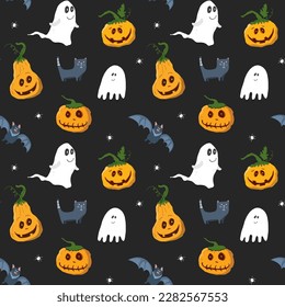 Halloween seamless pattern design. Cute cartoon elements, holiday background, vector illustration.