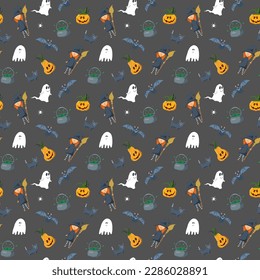 Halloween seamless pattern design. Cute cartoon elements, holiday background, vector illustration.