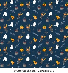Halloween seamless pattern design. Cute cartoon elements, holiday background, vector illustration.