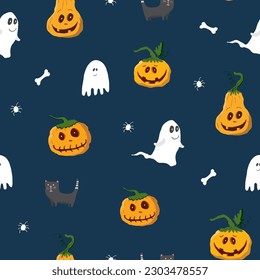 Halloween seamless pattern design. Cute cartoon elements, holiday background, vector illustration.