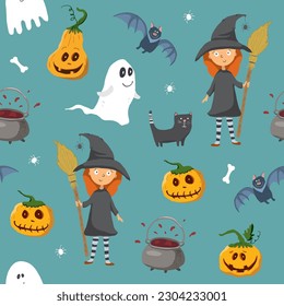 Halloween seamless pattern design. Cute cartoon elements, holiday background, vector illustration.