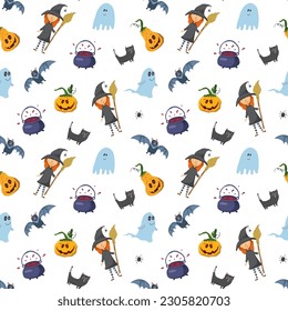 Halloween seamless pattern design. Cute cartoon elements, holiday background, vector illustration.