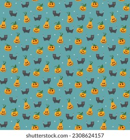 Halloween seamless pattern design. Cute cartoon elements, holiday background, vector illustration.