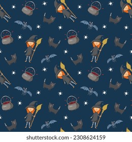Halloween seamless pattern design. Cute cartoon elements, holiday background, vector illustration.