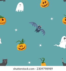 Halloween seamless pattern design. Cute cartoon elements, holiday background, vector illustration.