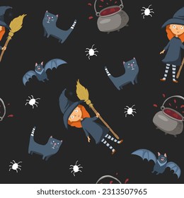 Halloween seamless pattern design. Cute cartoon elements, holiday background, vector illustration.