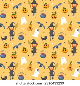 Halloween seamless pattern design. Cute cartoon elements, holiday background, vector illustration.