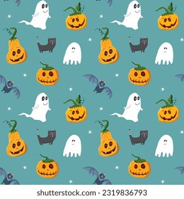 Halloween seamless pattern design. Cute cartoon elements, holiday background, vector illustration.