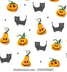 Halloween seamless pattern design. Cute cartoon elements, holiday background, vector illustration.