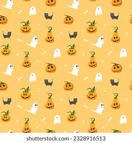 Halloween seamless pattern design. Cute cartoon elements, holiday background, vector illustration.