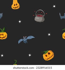 Halloween nahtloses Musterdesign. Cute Cartoon-Elemente, Feiertagshintergrund, Vektorgrafik.