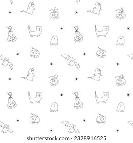 Halloween seamless pattern design. Cute cartoon elements, holiday background, vector illustration.