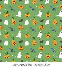 Halloween seamless pattern design. Cute cartoon elements, holiday background, vector illustration.