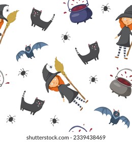 Halloween seamless pattern design. Cute cartoon elements, holiday background, vector illustration.