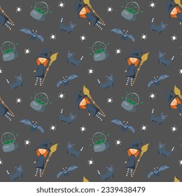 Halloween seamless pattern design. Cute cartoon elements, holiday background, vector illustration.