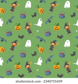 Diseño de patrones sin fisuras de Halloween. Elementos de dibujos animados, fondo de vacaciones, ilustración vectorial.