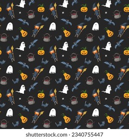 Halloween seamless pattern design. Cute cartoon elements, holiday background, vector illustration.