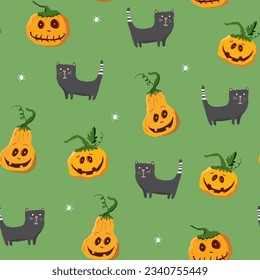 Halloween seamless pattern design. Cute cartoon elements, holiday background, vector illustration.