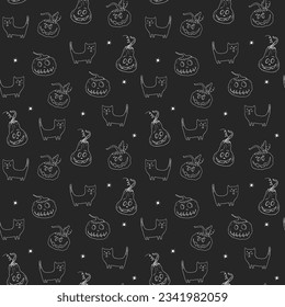 Halloween seamless pattern design. Cute cartoon elements, holiday background, vector illustration.
