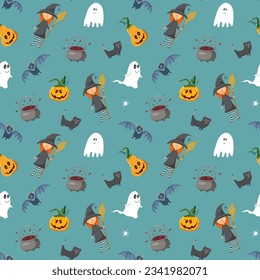 Halloween seamless pattern design. Cute cartoon elements, holiday background, vector illustration.