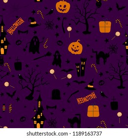 Halloween seamless pattern design with ghost, pumpkin and black cat