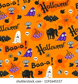 Halloween seamless pattern design with ghost, skull, pumpkin and black cat