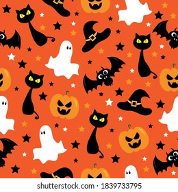 Halloween seamless pattern design with ghost, bat, pumpkin, witch hat and black cat. Good for wall and wrapping paper, party decoration.