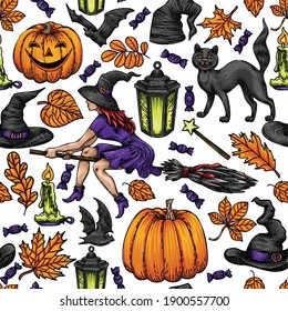 Halloween seamless pattern design with ghost, skull, pumpkin and black cat