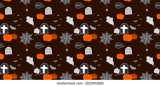 Halloween seamless pattern design with ghost, pumpkin, grave and spider. 