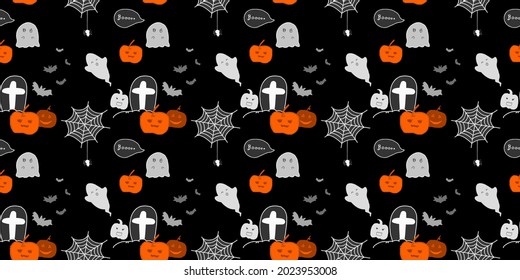 Halloween seamless pattern design with ghost, pumpkin, grave and spider. 