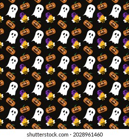 Halloween seamless pattern design with ghost,  pumpkin and cute cat.
