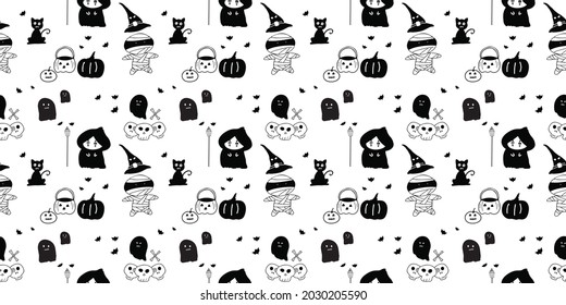 Halloween seamless pattern design with ghost, skull, pumpkin and black cat
