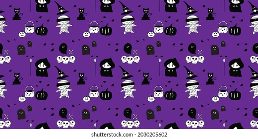 Halloween seamless pattern design with ghost, skull, pumpkin and black cat