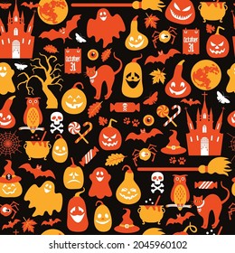 Halloween seamless pattern design with ghost, skull, pumpkin and black cat on black background.