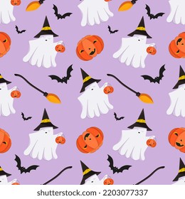 Halloween seamless pattern design with ghost, witch, broom, bat and pumpkin. Vector illustration for wallpaper, wrapping paper, banner, web, frame, party celebration. 