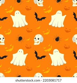 Halloween seamless pattern design with ghost, bat, spider, skull and smiling pumpkin. Vector illustration for wallpaper, wrapping paper, banner, web, frame, party celebration. 