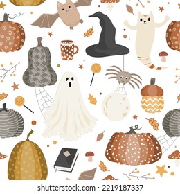 Halloween seamless pattern design with ghost, pumpkins, bat, and leaves. Vector illustration.