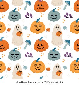 Halloween seamless pattern design with ghost and pumpkin. Great for prints, digital paper, textile