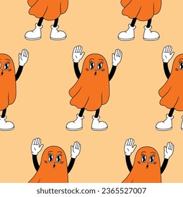 Halloween seamless pattern design with ghost. Comic retro character. Vector flat illustration.