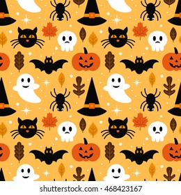 Halloween Seamless Pattern Design With Ghost, Skull, Pumpkin And Black Cat