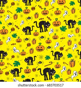 Halloween seamless pattern design with ghost, spider, pumpkin and black cat