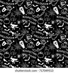 Halloween seamless pattern design with ghost, skull, pumpkin, spider, bat and black cat. Vector illustration for fabric, textile, wrapping paper and other decoration design.