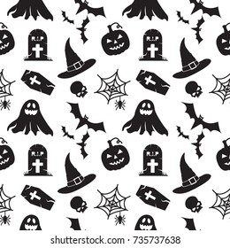 Halloween seamless pattern design with ghost, skull, pumpkin, hat, spider web, tombstone, coffin and bats. Black objects on white background. Vector Illustration. 