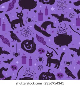 Diseño de patrones sin fisuras de Halloween con bruja de sombrero, calabaza, murciélago, araña, gato y cuervo. Impresión de vacaciones mágicas.