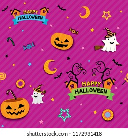 Halloween seamless pattern design with pumpkin candy jar for trick or treat party.