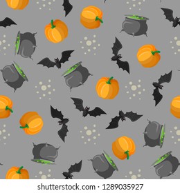 Halloween seamless pattern design with pumpkin, pot with a potion and bat