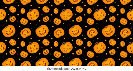 Halloween seamless pattern design with pumpkin on a black background, wallpaper.