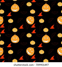 Halloween seamless pattern design with pumpkin, hat and bat Black background