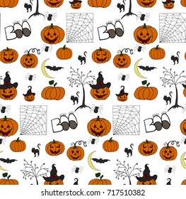 Halloween seamless pattern design with pumpkin, lettering, bat, moon, dead tree, cat.