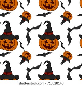 Halloween seamless pattern design with pumpkin, black hat and bat.